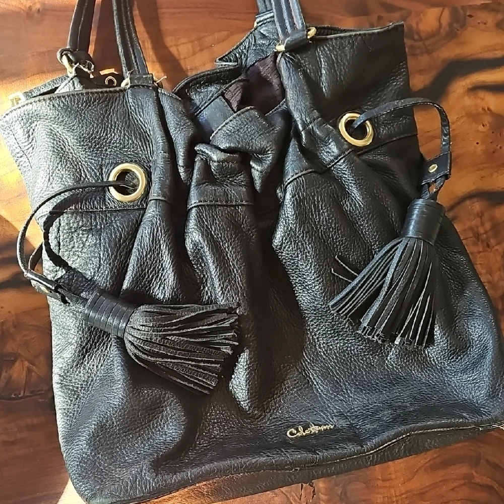 Cole Haan🔥 Black Large Pebbled Leather Shoulder HandBag Tote Tassels Cinch Top